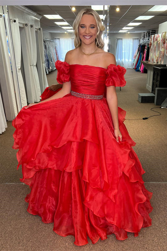 Giovanna | Red Off-the-Shoulder Beaded Tulle Layers Long Prom Dress