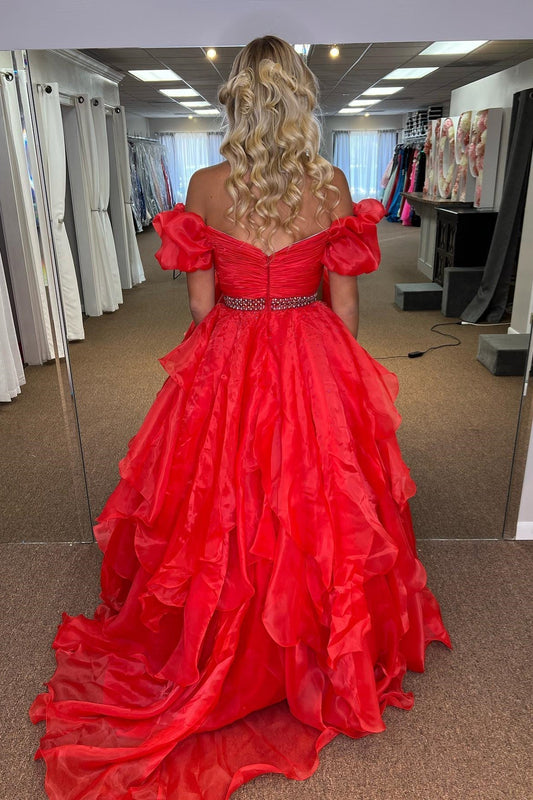 Giovanna | Red Off-the-Shoulder Beaded Tulle Layers Long Prom Dress