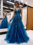 Veronica | A-Line Ink Blue Glitter Tulle Lace Prom Dress