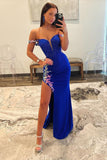 Royal Blue Off the Shoulder Beaded Long Prom Dresses with Appliques