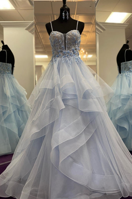 Channel | Light Blue Straps Floral Layered A-Line Long Prom Dress