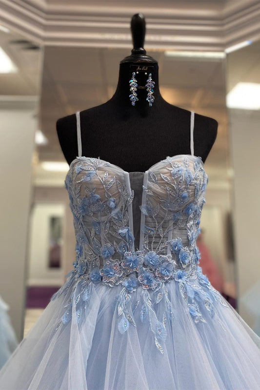 Channel | Light Blue Straps Floral Layered A-Line Long Prom Dress