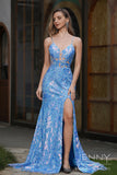 Selene | Romantic Blue Mermaid Satin and Sequins Spaghetti Straps Sweetheart-Neck Prom Dress with Slit JB121207