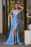 Selene | Romantic Blue Mermaid Satin and Sequins Spaghetti Straps Sweetheart-Neck Prom Dress with Slit JB121207