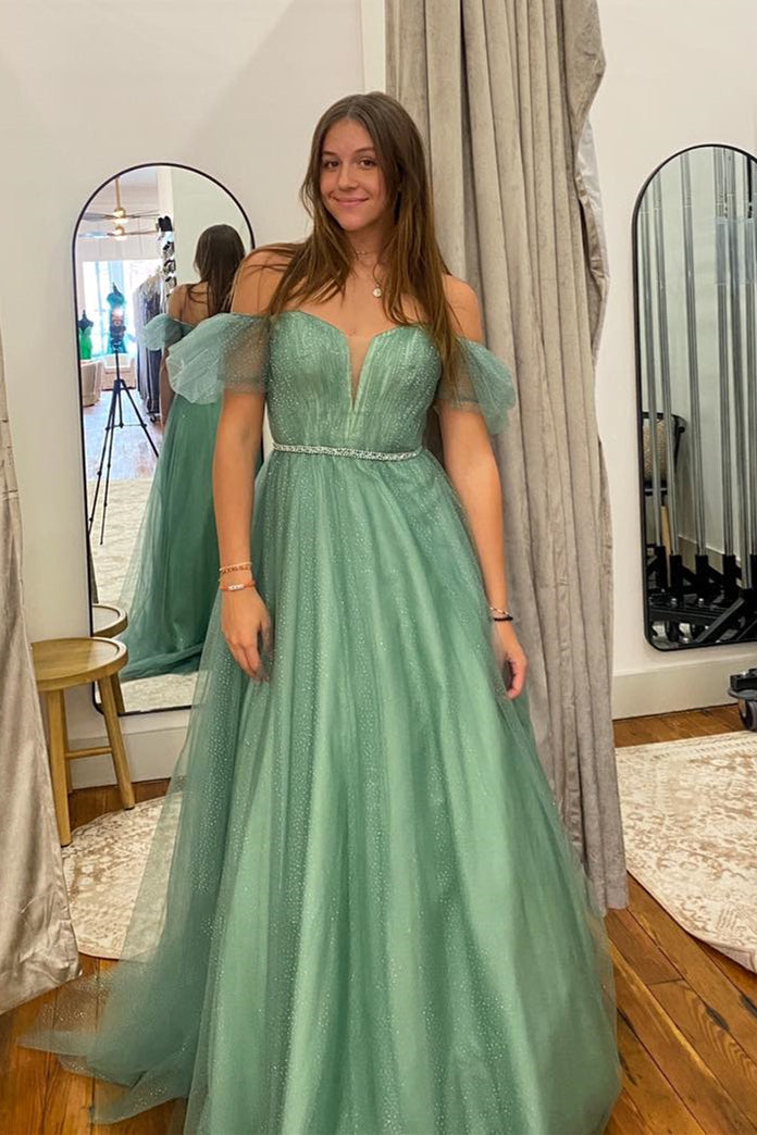 Lilyana | Sea Glass Tulle A-Line V-Neck Off-Shoulder Long Prom Dress