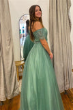 Lilyana | Sea Glass Tulle A-Line V-Neck Off-Shoulder Long Prom Dress