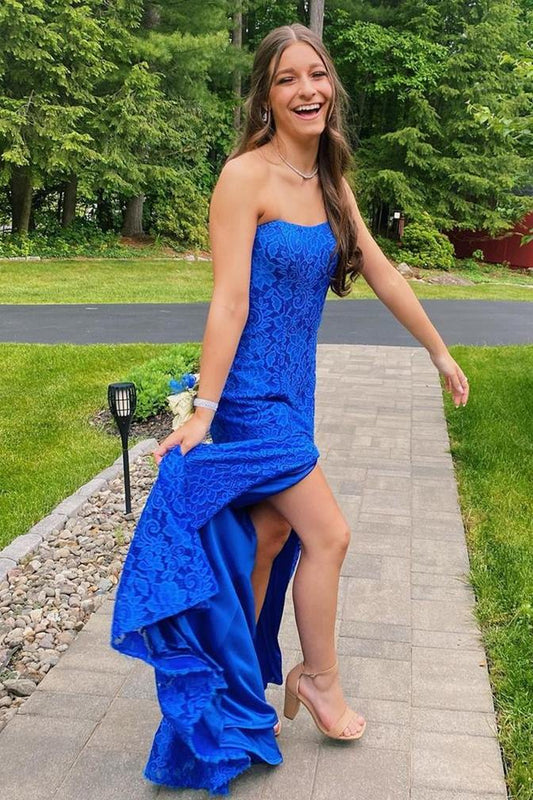 Royal Blue Strapless Lace Prom Dress with Side Slit