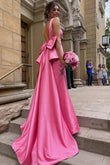 Esther | Pink Satin Mermaid V-Neck Long Prom Dress with Statement Bow