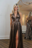 Mocha Glow | Charming A-Line V-Neck Halter Brown Metallic Satin Long Prom Dress