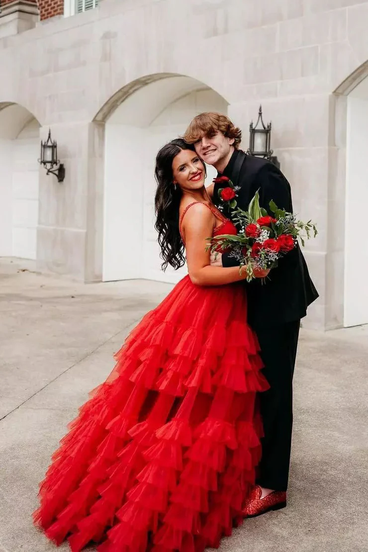 A-line Tiered Ruffle Sweetheart Beaded Long Prom Dress