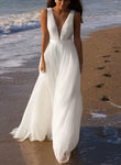 A-Line Deep V-Neck Sleeveless Tulle Beach Wedding Dress with Sweep Train