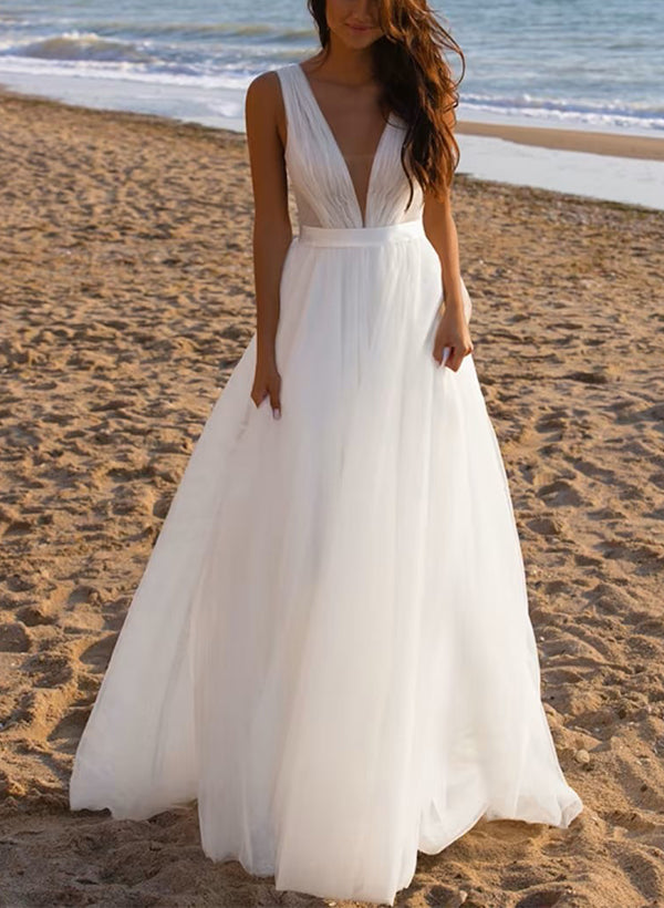 A-Line Deep V-Neck Sleeveless Tulle Beach Wedding Dress with Sweep Train