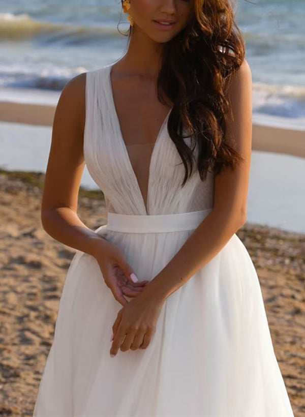 A-Line Deep V-Neck Sleeveless Tulle Beach Wedding Dress with Sweep Train