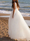 A-Line Deep V-Neck Sleeveless Tulle Beach Wedding Dress with Sweep Train