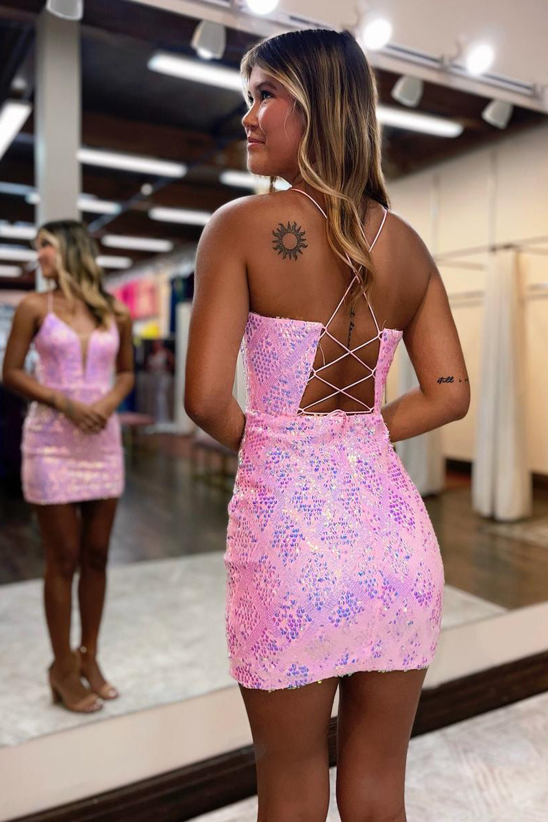 Charming Bodycon V-Neck Pink Sequins Homecoming Dress with Lace-Up Back