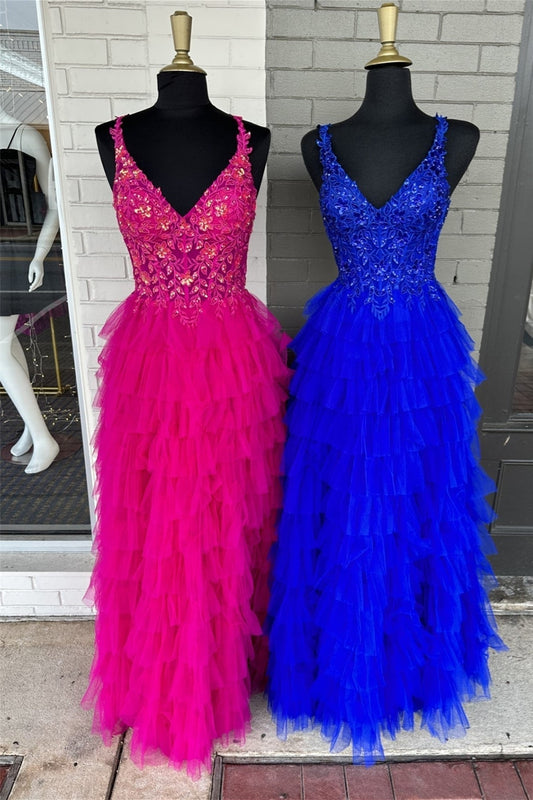 Avah | Fuchsia Layers Floral Tulle A-line Long Prom Dress