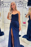 Isabella | Charming Mermaid Scoop Neck Navy Satin Long Prom Dress with Beading