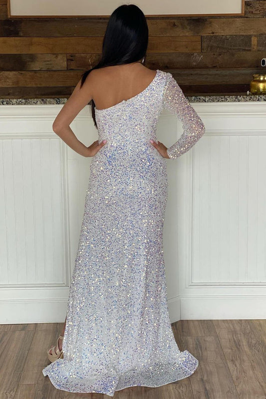 Elegant White One-Shoulder Sequin Prom Dress with Side Slit