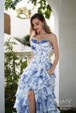 Luna| Romantic Blue A-Line Tiered Tulle Off the shoulder Prom Dress with Slit JB121210