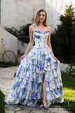 Luna| Romantic Blue A-Line Tiered Tulle Off the shoulder Prom Dress with Slit JB121210