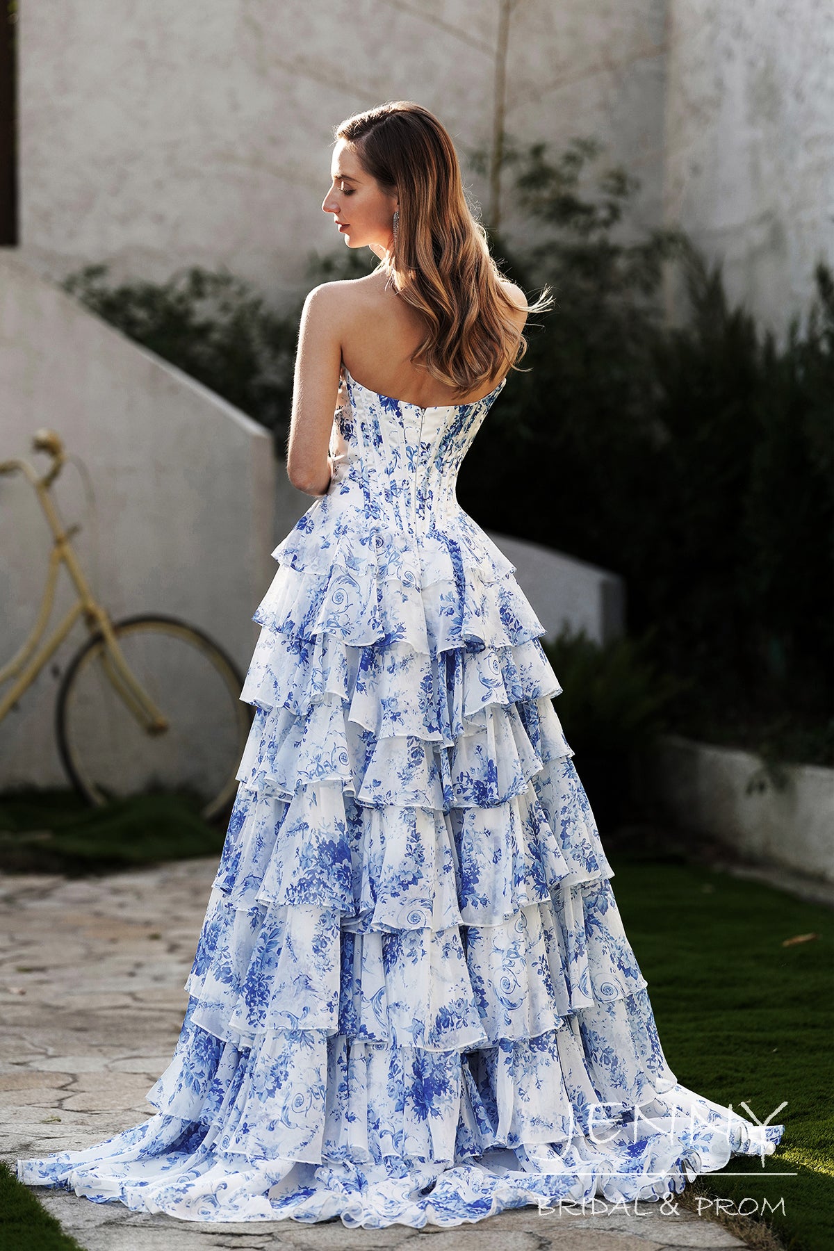 Luna| Romantic Blue A-Line Tiered Tulle Off the shoulder Prom Dress with Slit JB121210