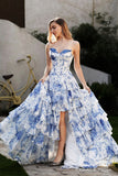 Luna| Romantic Blue A-Line Tiered Tulle Off the shoulder Prom Dress with Slit JB121210