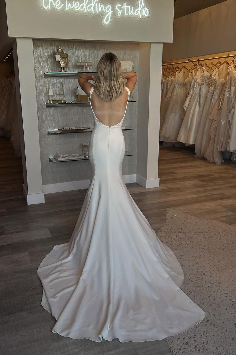 Simple Mermaid Satin Wedding Dress with Scoop Neck and Backless Design