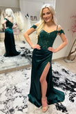 Maddie | Hunter Green Beaded Floral Off-Shoulder Mermaid Long Prom Dress with Slit