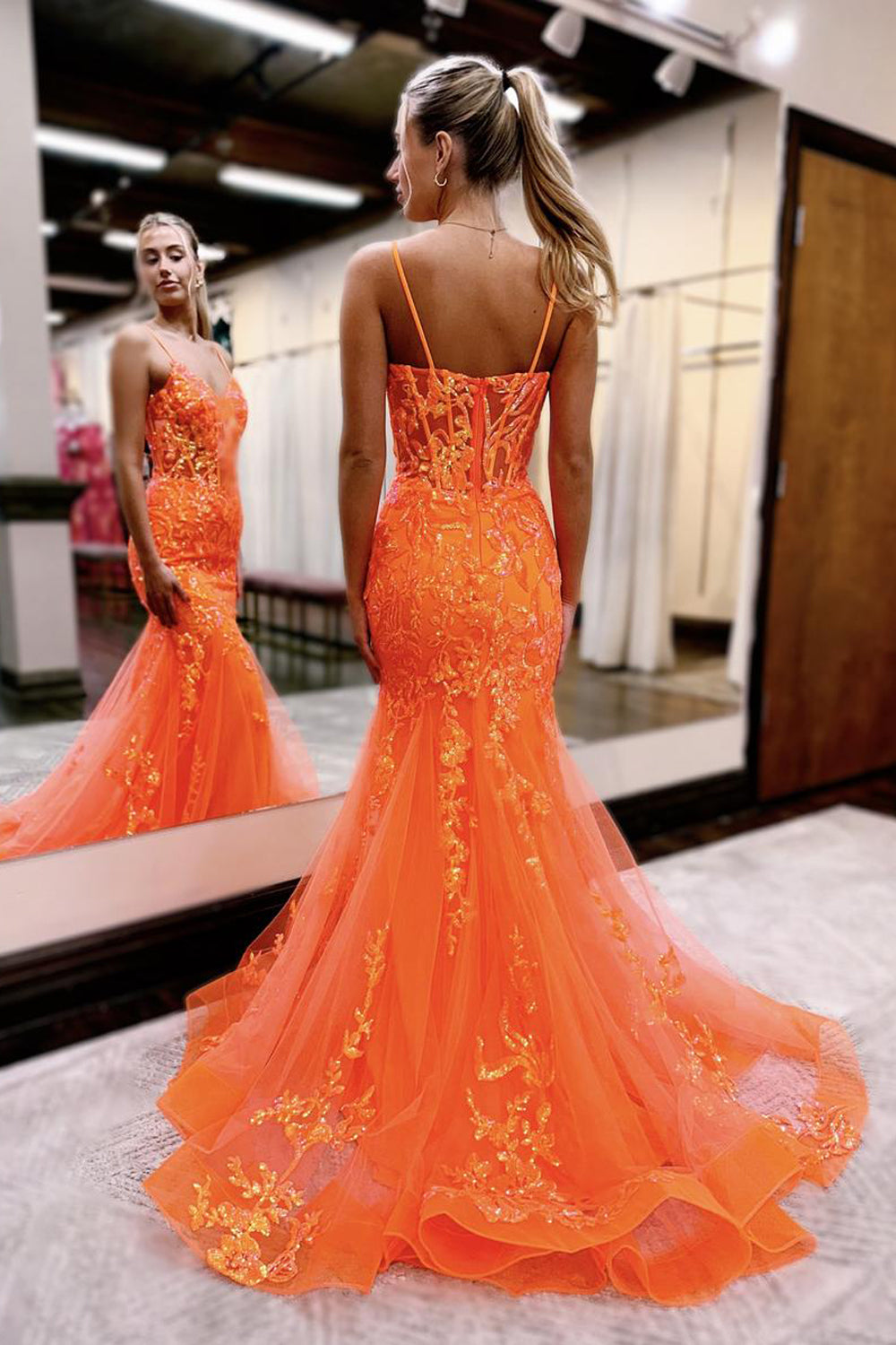 Charming Mermaid V-Neck Orange Sequin Tulle Long Prom Dress