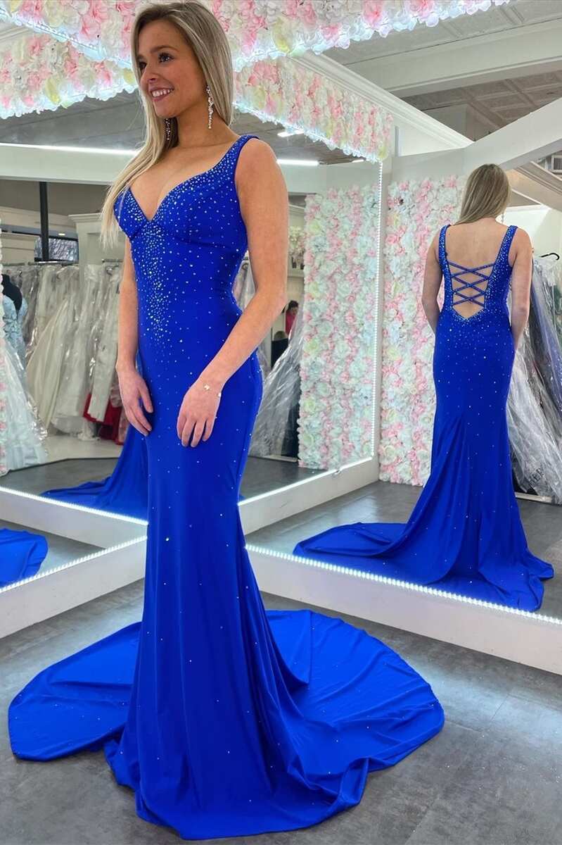 Elle | Beaded Satin Mermaid Prom Dress with V-Neck and Cross Back