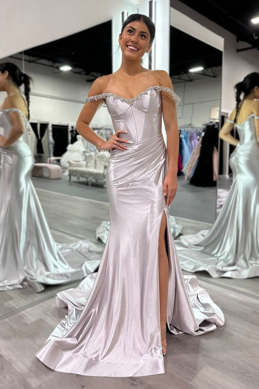 Selene | Charming Mermaid Off-the-Shoulder Satin Long Prom Dress with Beading