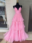 Amanda | Tiered Tulle A-Line Prom Dress with Spaghetti Straps and Slit