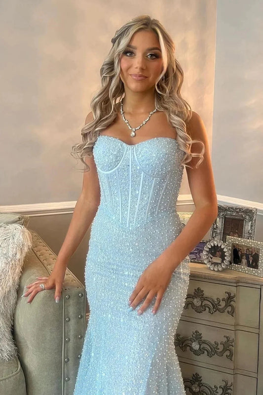 Isla | Elegant Light Blue Mermaid Satin Spaghetti Straps Illusion Neck Prom Dress with Beadings JB120325