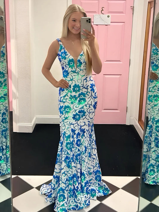 Sparkly Mermaid V-Neck Blue and White Sequins Long Prom Dress with Slit