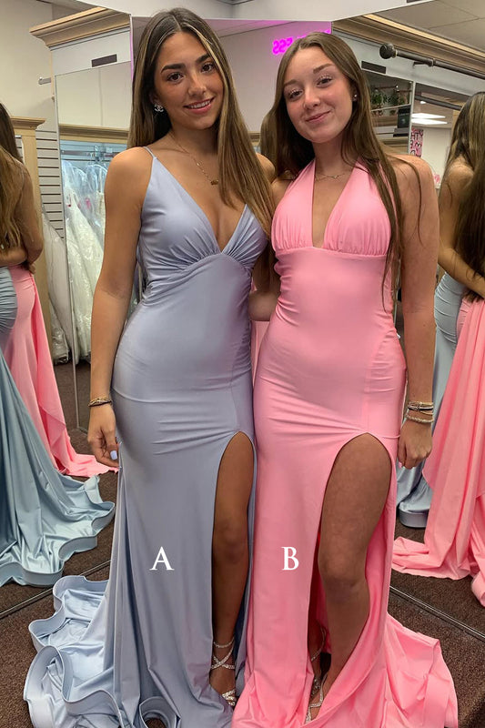 Amara | Charming Mermaid V-Neck Pink Elastic Satin Long Prom Dress with Backless Design