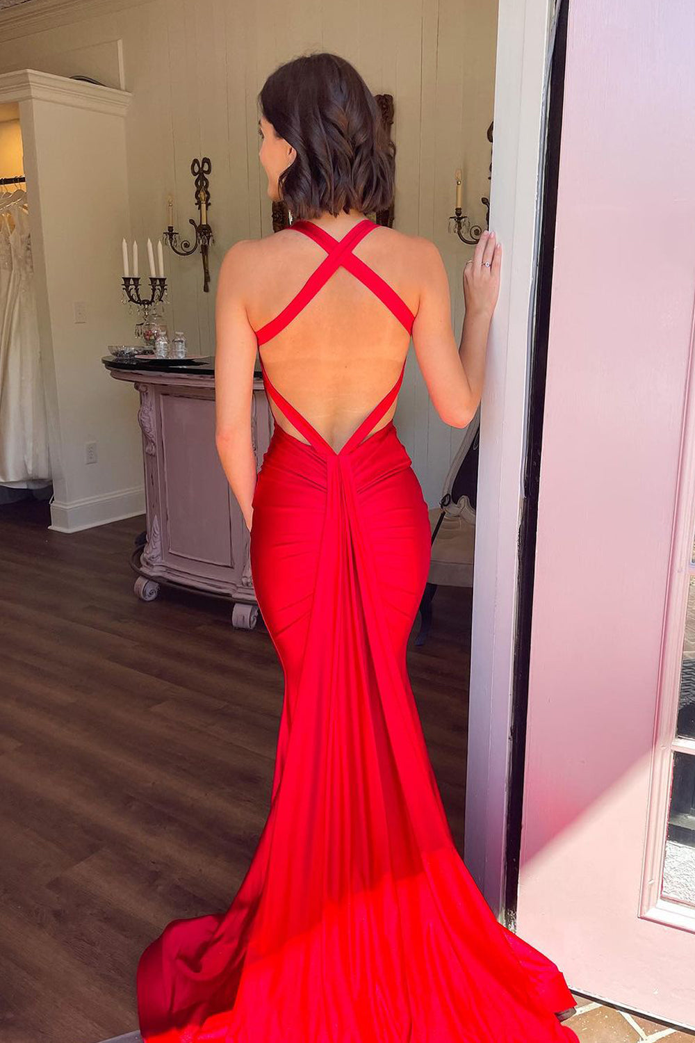 Elegant Mermaid V Neck Red Satin Long Prom Dresses AB24111802