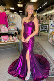 Amethyst Glow | Charming Mermaid Sweetheart Purple Metallic Satin Prom Dress with Slit