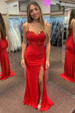 Ruby | Cute Mermaid Straps Red Satin Long Prom Dress with Slit