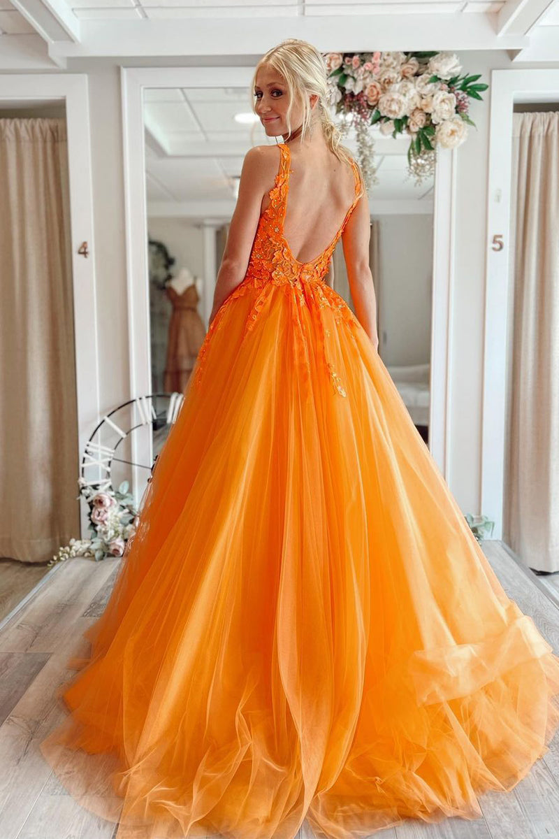 Marigold | Elegant A-Line V-Neck Tulle Prom Dress with Floral Appliques