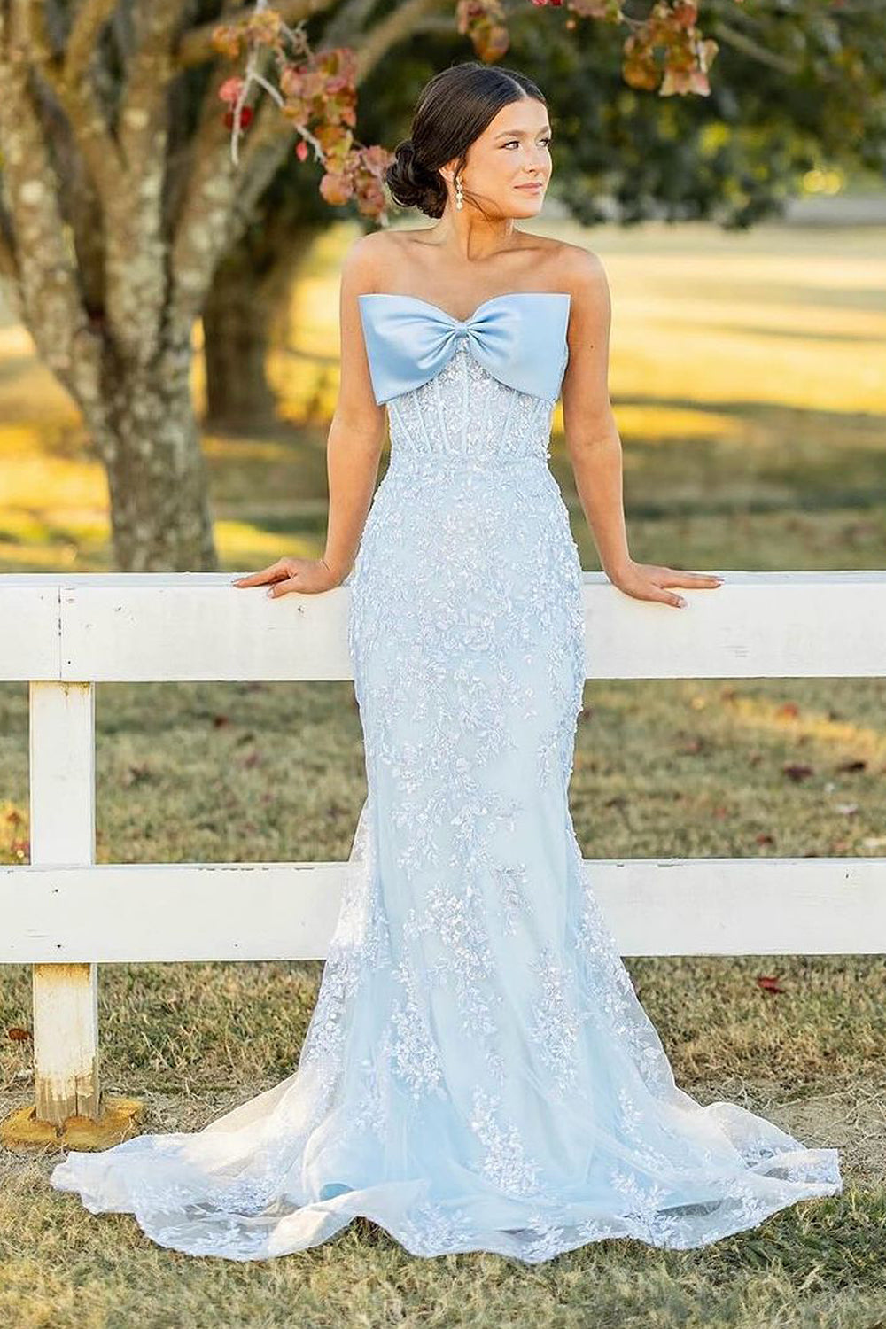 Bella | Cute Mermaid Sweetheart Light Blue Lace Prom Dress with Bow