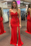 Ruby | Cute Mermaid Straps Red Satin Long Prom Dress with Slit