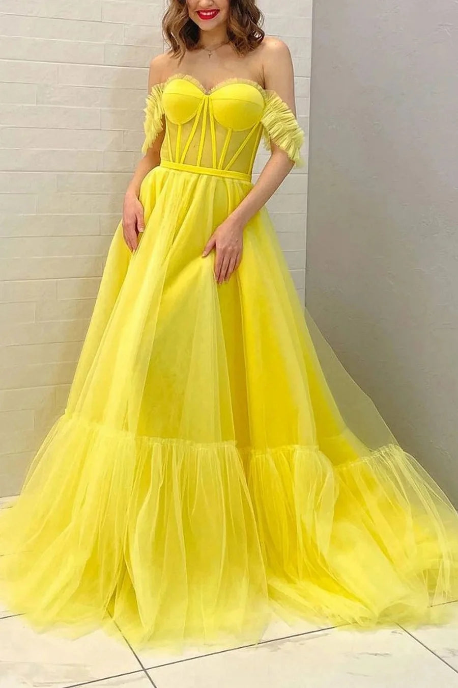 Lexie | Yellow Off-the-Shoulder A-Line Corset Prom Dress