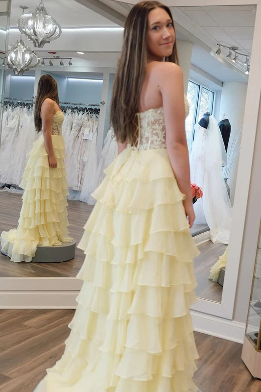 Celeste | Elegant Light Yellow A-Line Tulle Sweetheart Neck Prom Dress with Pleated Skirt JB120324