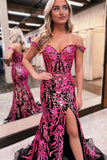 Charming Off-the-Shoulder Black Mermaid Prom Dress with Fuchsia Sequin Appliques