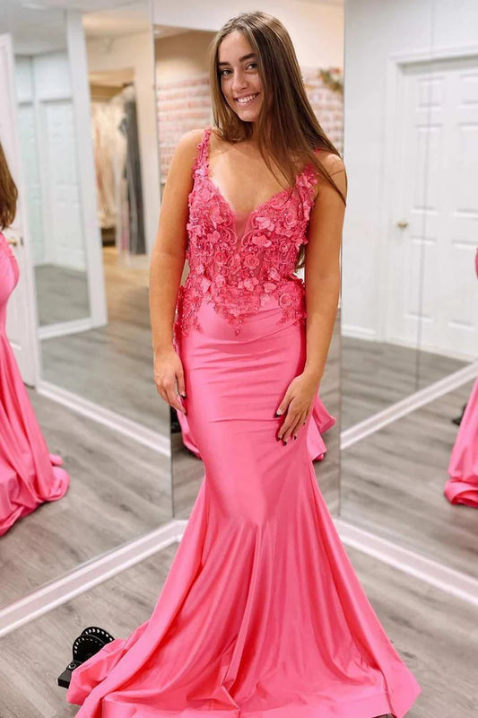 Isabella | Charming Mermaid V-Neck Fuchsia Sparkly Satin Long Prom Dress with Appliques