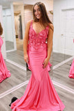 Isabella | Charming Mermaid V-Neck Fuchsia Sparkly Satin Long Prom Dress with Appliques