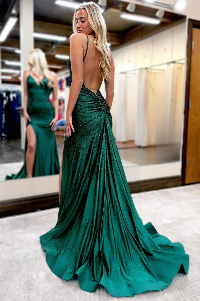 Royal Blue Beaded V-Neck Mermaid Long Prom Dress with Slit