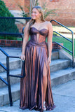 Cute A Line Sweetheart Brown Sparkly Satin Long Prom Dresses with Slit