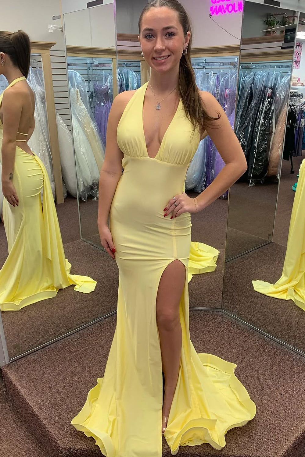 Charming Halter Yellow Satin Mermaid Prom Dress with Slit