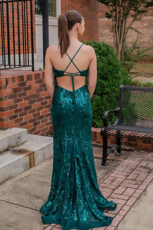 Charming Mermaid V Neck Dark Green Satin Slit Prom Dresses AB24111803